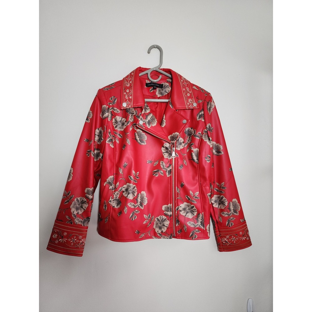 Colleen Lopez Red Floral Embroidered Faux Leather Moto Biker Jacket L 108976